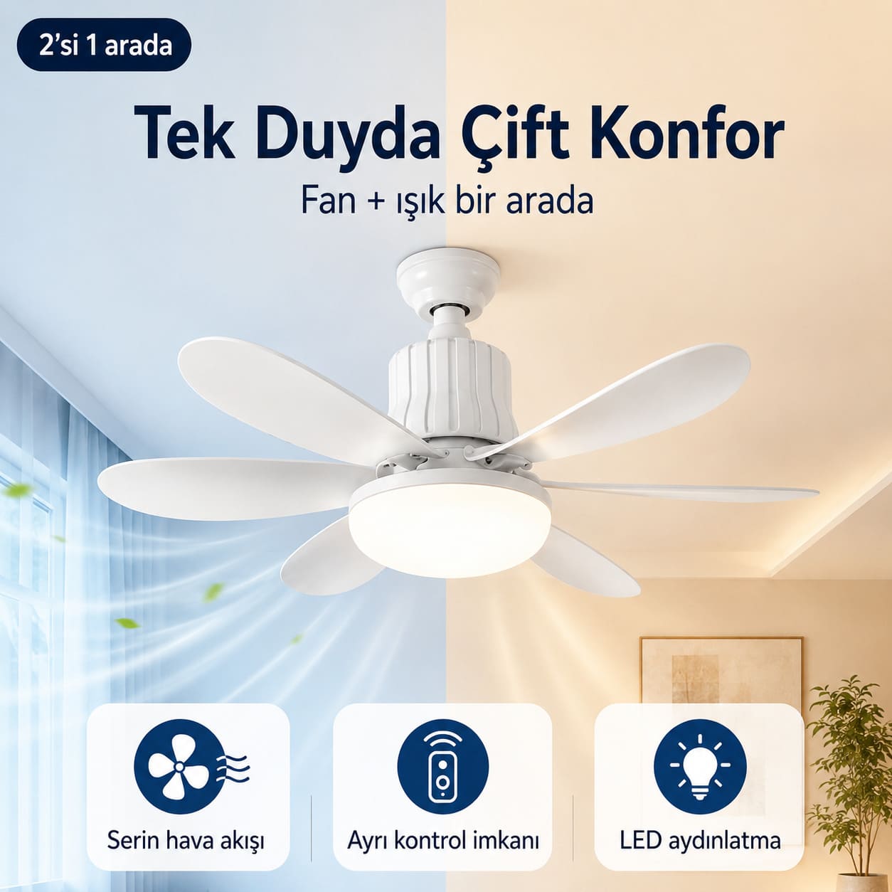 Kumandalı Tavan Vantilatörü LED Ampul