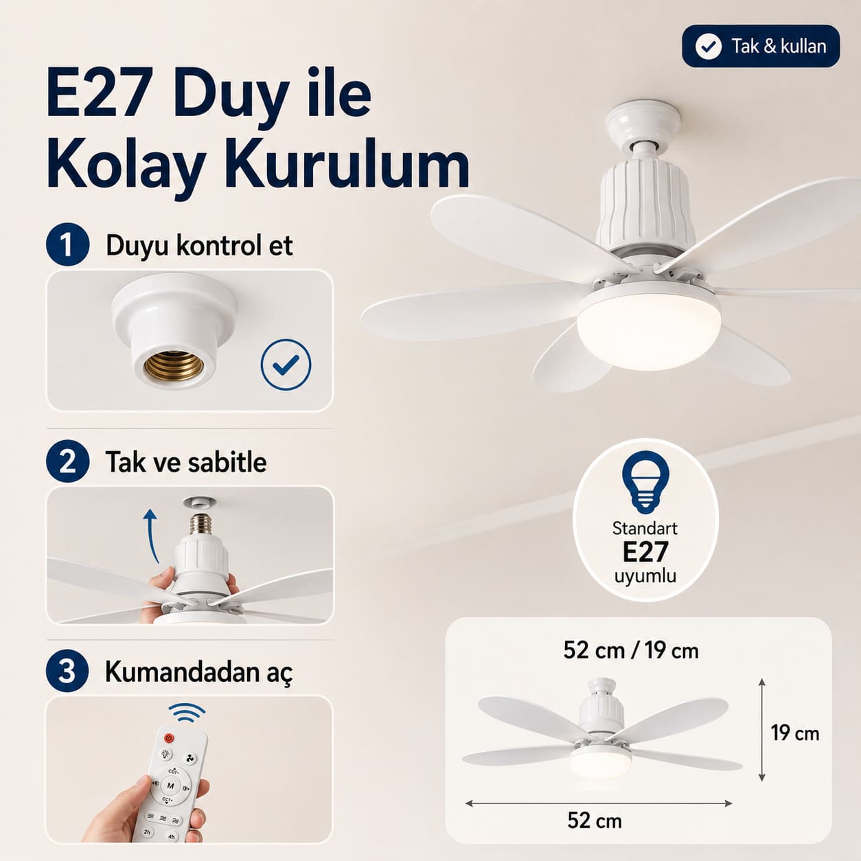 Kumandalı Tavan Vantilatörü LED Ampul