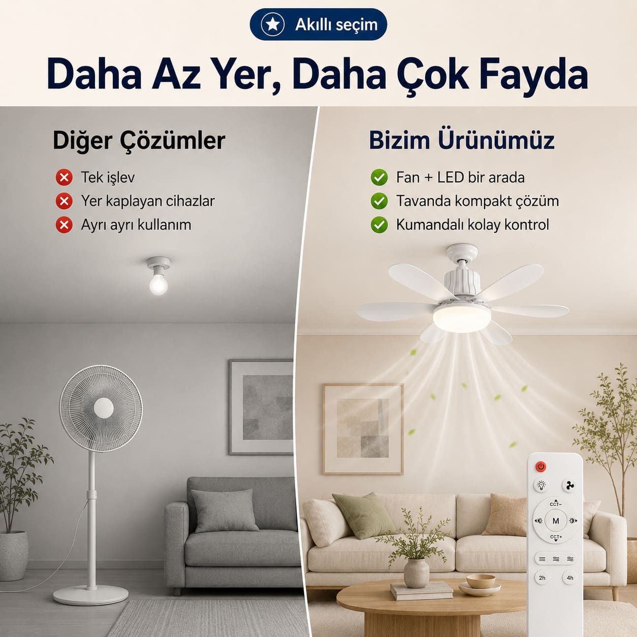 Kumandalı Tavan Vantilatörü LED Ampul